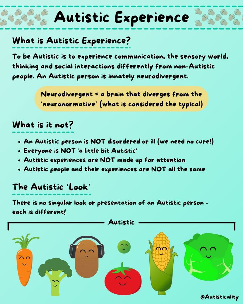 What is Autistic Experience? To be Autistic is to experience communication, the sensory world, thinking and social interactions differently from non-Autistic people. An Autistic person is innately neurodivergent. 

What is it not? An Autistic person is NOT disordered or ill (we need no cure!). Everyone is NOT 'a little bit Autistic'. Autistic experiences are NOT made up for attention. Autistic people and their experiences are NOT all the same.

There is no singular look or presentation of an Autistic person - each is different!