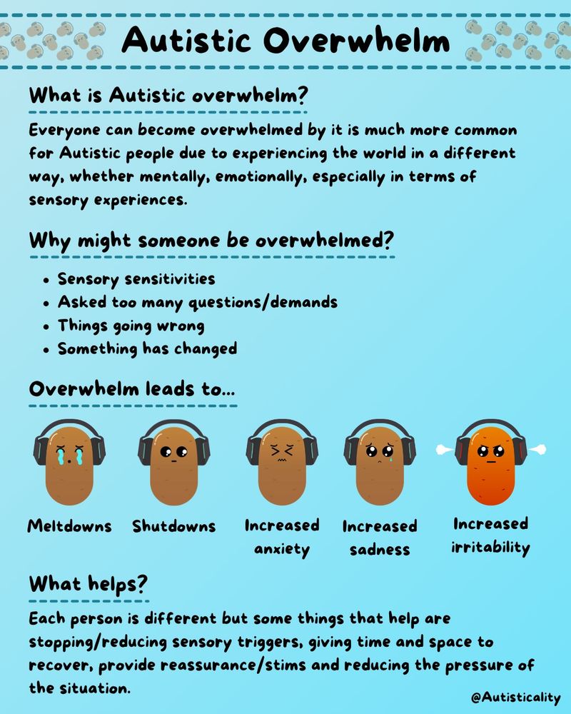 "Everyone can become overwhelmed by it is much more common for Autistic people due to experiencing the world in a different way, whether mentally, emotionally, especially in terms of sensory experiences. 

Someone might be overwhelmed due to sensory sensitivities, being asked too many questions/demands, things going wrong or because something has changed. It leads to meltdowns, shutdowns, increased anxiety, increased sadness and increased irritability.

Each person is different but some things that help are stopping/reducing sensory triggers, giving time and space to recover, provide reassurance/stims and reducing the pressure of the situation."