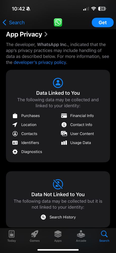 App Privacy for WhatsApp on iOS