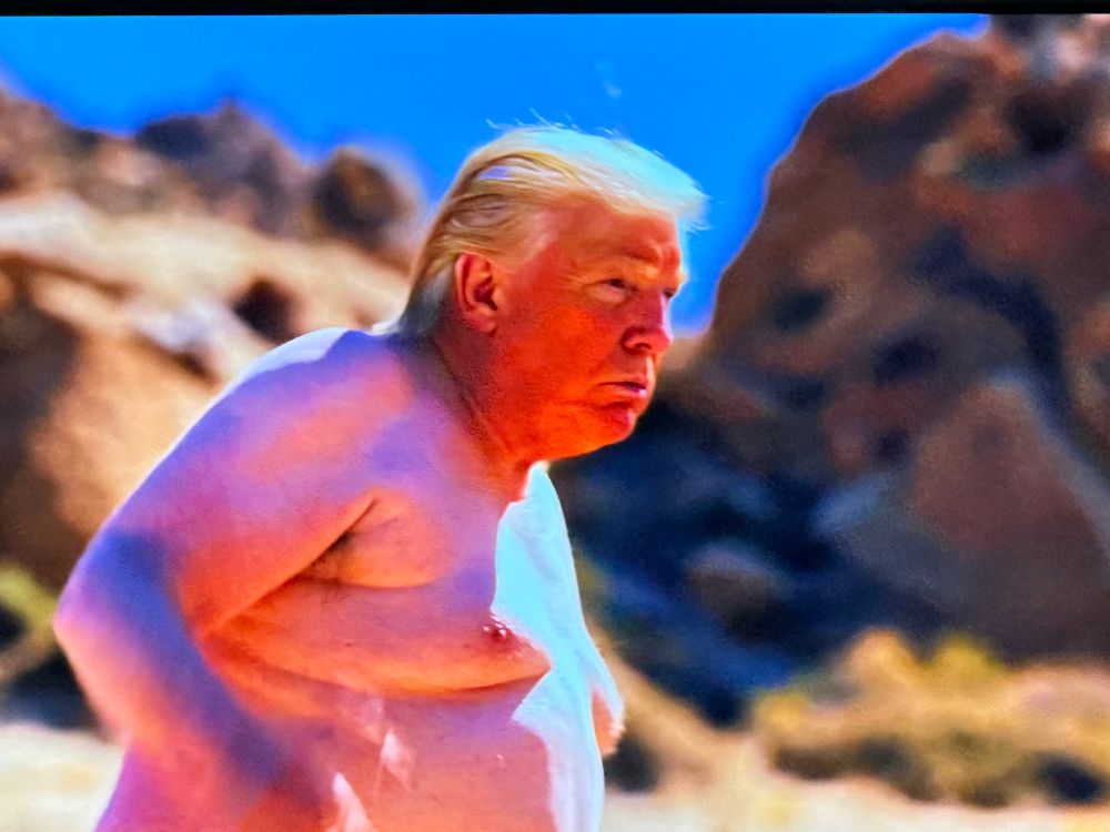 Screenshot from South Park featuring a naked Trump in the desert. 