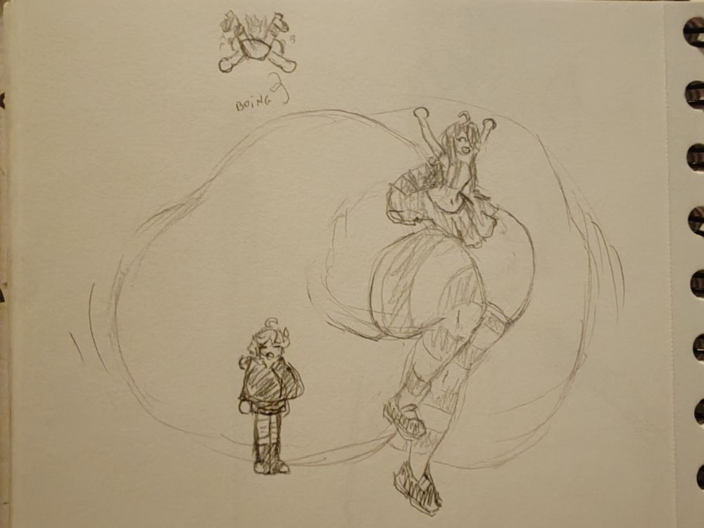 Séléné (on the right) is happy and makes her huge butt bounce in joy, causing another girl to get sent flying. Below her, Henrietta sighs. 