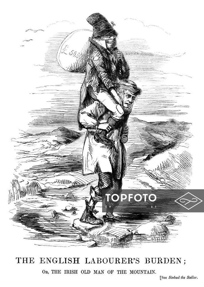 Punch cartoon from the 1840s where an Irish person piggybacks on an English person. The Irish person is portrayed in the usual Punch style as slightly inhuman. He's carrying a sack of £50,000 on his back.