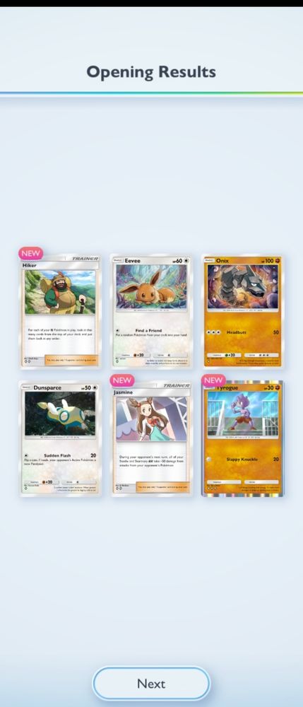 Opening Results screen for Pokémon TCG Pocket, showing the results of six pulled cards instead of five