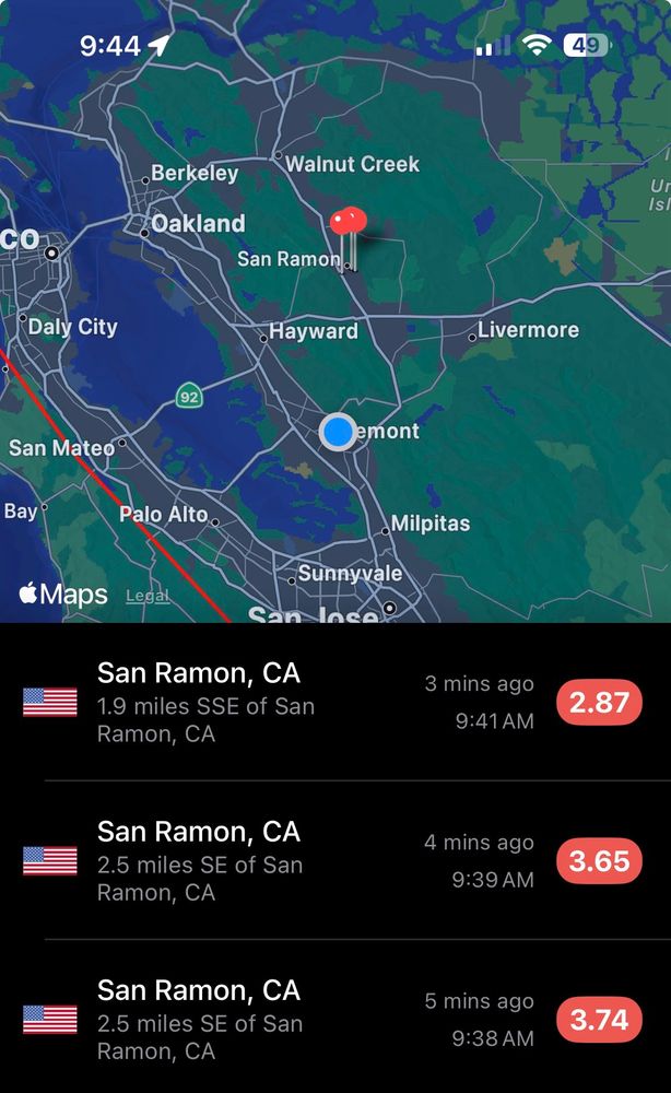 A series of three earthquakes 14 miles away, with the strongest listed at 3.74.