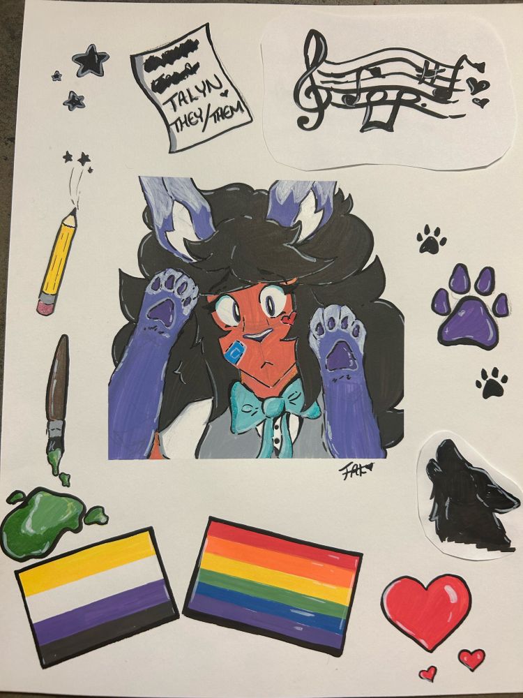 Traditional piece of Talyn surrounded by various items, such as pride flags, drawing supplies, hearts, stars, paw prints, and music notes. Along with a paper with their deadnames before settling on the name Talyn.