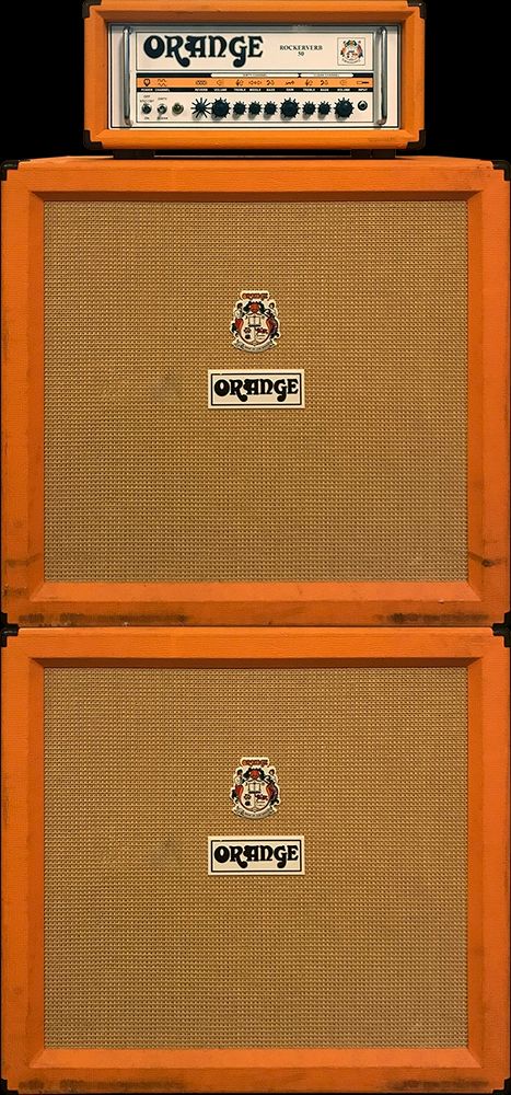 An Orange Amps Rockerverb guitar amplifier with two 4x12-inch speaker cabinets.  All clad in orange upholstery.