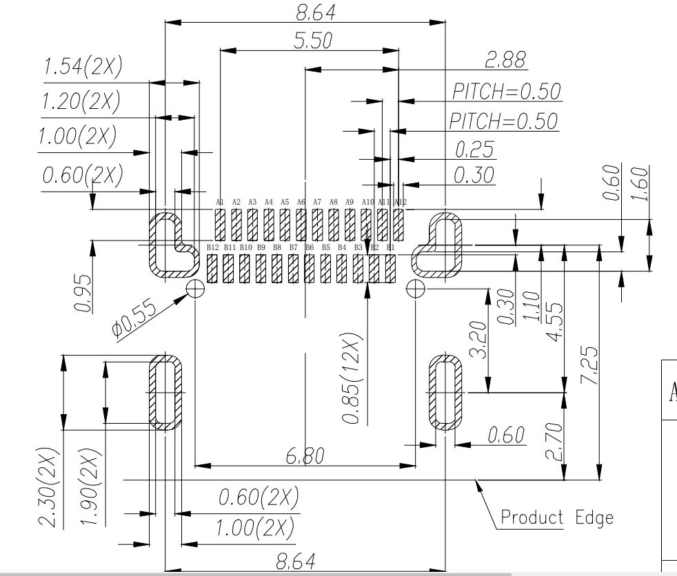 Footprint drawing of a typical 24-pin USB-C receptacle.