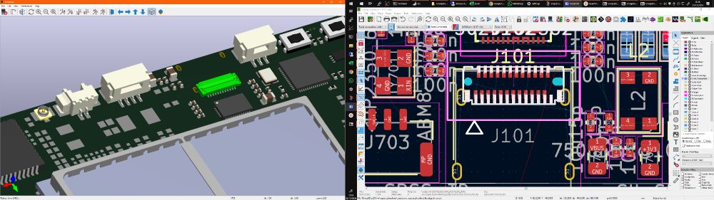 A PCB layout showing  placement of various connectors, but with the  USB-C receptacle replaced with a Molex FFC connector (5020782562)