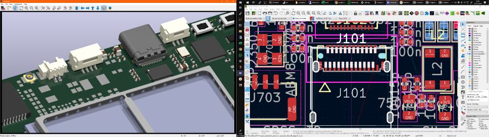 A PCB layout showing  placement of various connectors, including a USB-C receptacle. 