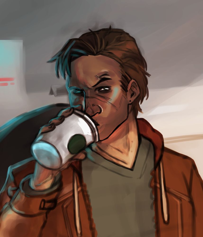 gavin reed from detroit become human. he is drawn from the shoulders up, drinking from a to-go coffee cup. 