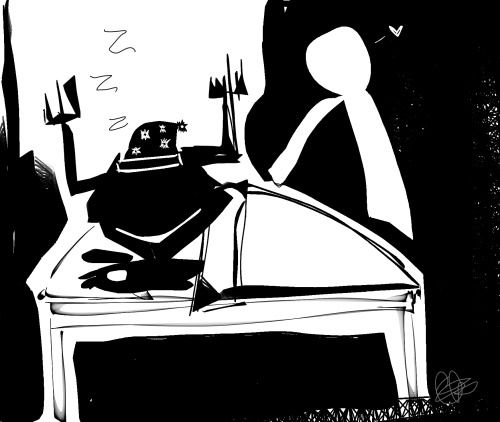 A haphazard sketch of the Roaring Knight from Deltarune getting tucked into bed by the Spoon-shaped amalgamate from Undertale. 

The Knight’s nightcap is printed with 10-pointed stars.