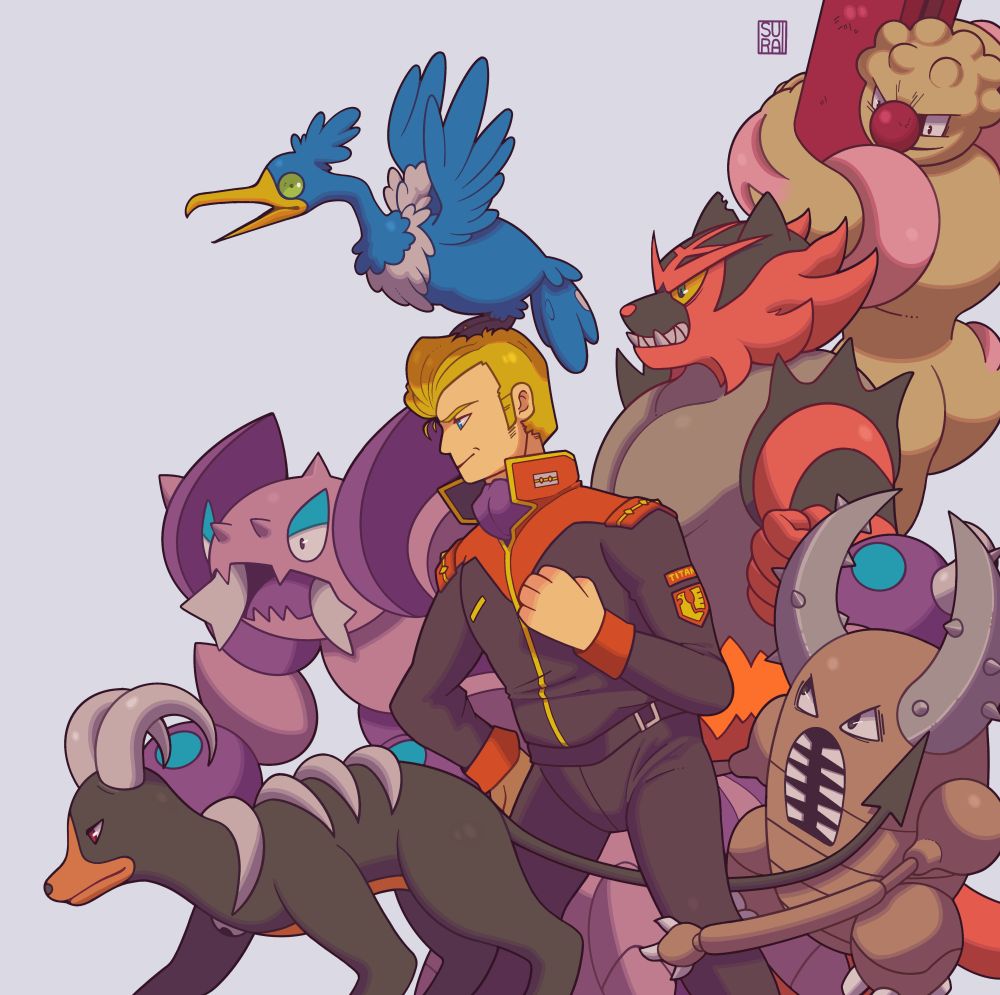 Fanart of Jerid Messa from Mobile Suit Zeta Gundam, surrounded by a Pokemon team of Houndoom, Pinsir, Drapion, Gurdurr, Incineroar, and Cramorant