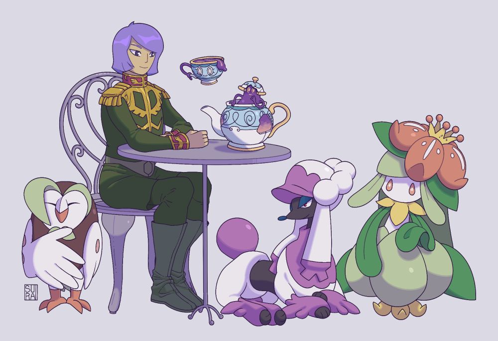 Fanart of Garma Zabi from Mobile Suit Gundam. He is seated in a fancy chair, arms resting on a small table, surrounded by a Pokemon team. The Pokemon are Furfrou (in its Debutant trim form), Dartrix, Lilligant, Sinistea, and Polteageist. The Polteageist is placed on the table. With Sinistea floating above it, it almost looks like a tea set.