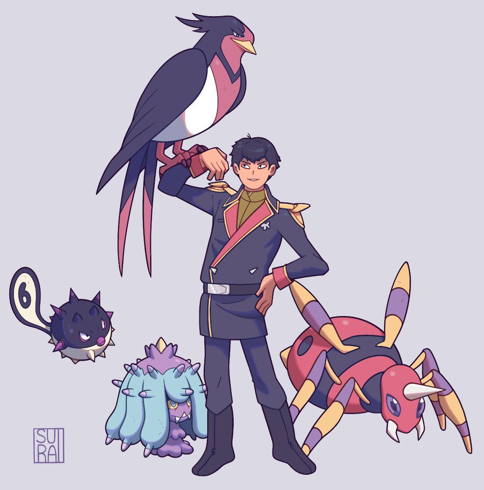 Fanart of Gyunei Guss from Char's Counterattack, surrounded by a Pokemon team of Swellow, Mareanie, Ariados, and Hisuian Owilfish
