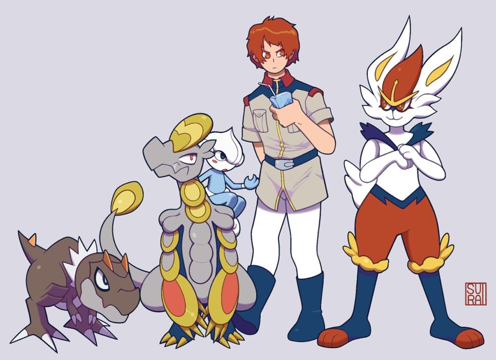 Fanart of Lane Aim from Gundam Hathaway's Flash, surrounded by a Pokemon team of Cinderace, Hakamo-o, Tyrunt, and Meditite