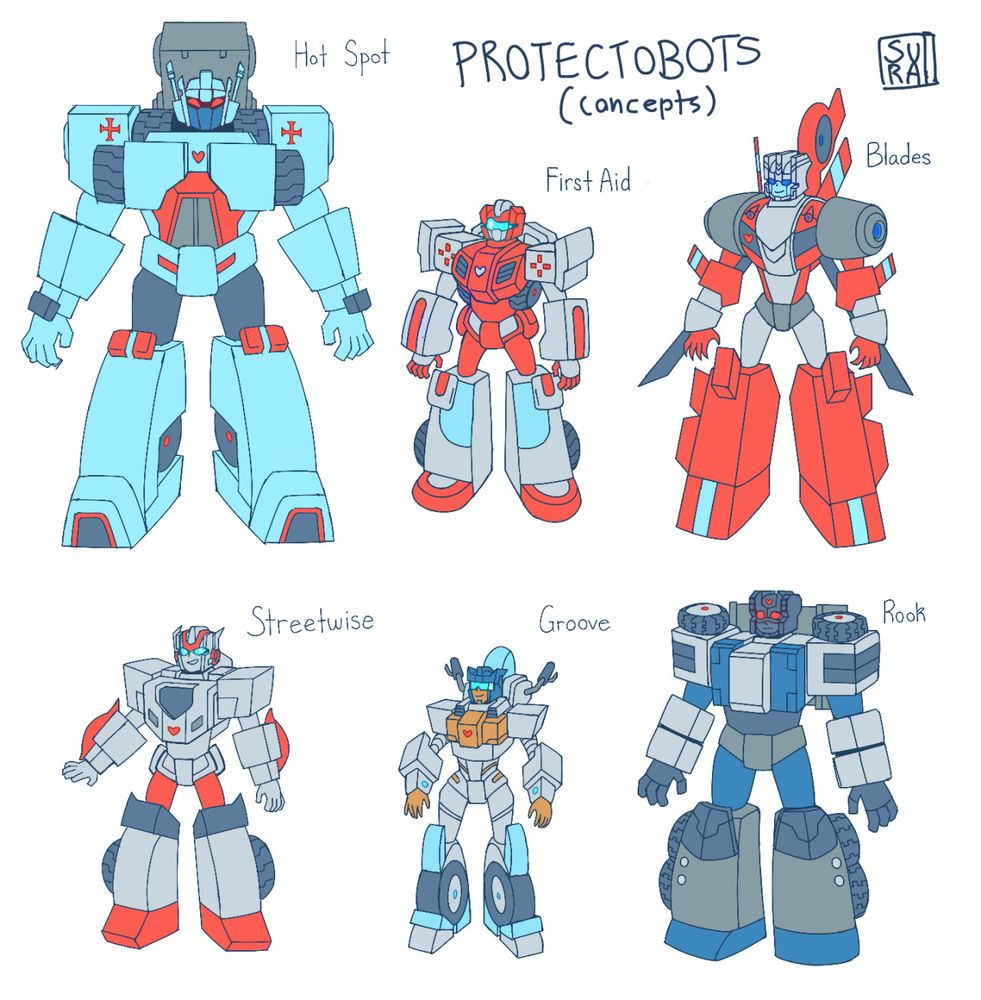 Fanart of the Protectobots from Transformers, Blades, Hot Spot, Groove, Rook, First Aid, Streetwise