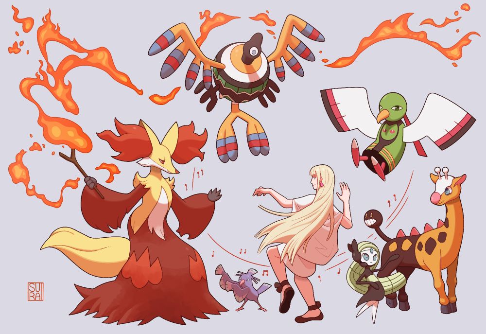 Fanart of Gigi Andalucia from Gundam Hathaway's Flash, surrounded by a Pokemon team of Delphox, Xatu, Sigilyph, Girafarig, Meloetta, and Sensu Style Oricorio. Some of them are dancing