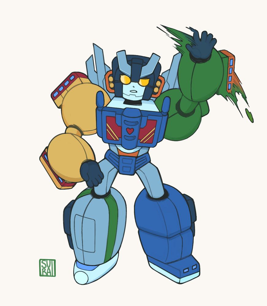 A chibi style fanart of Raiden from Transformers, waving one of his arms.