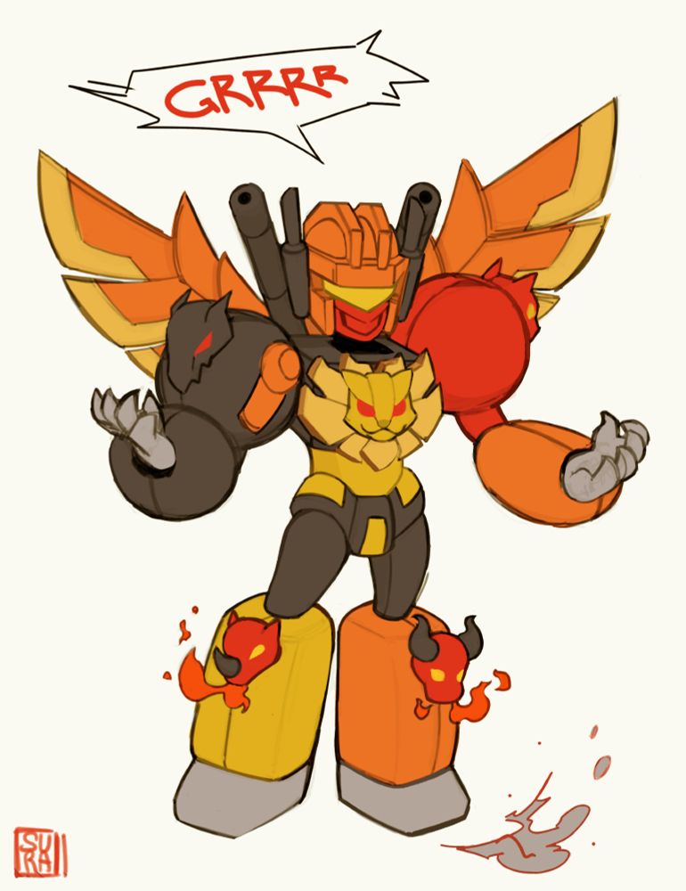 A chibi style fanart of Predaking from Transformers, spreading his arms and growling.
