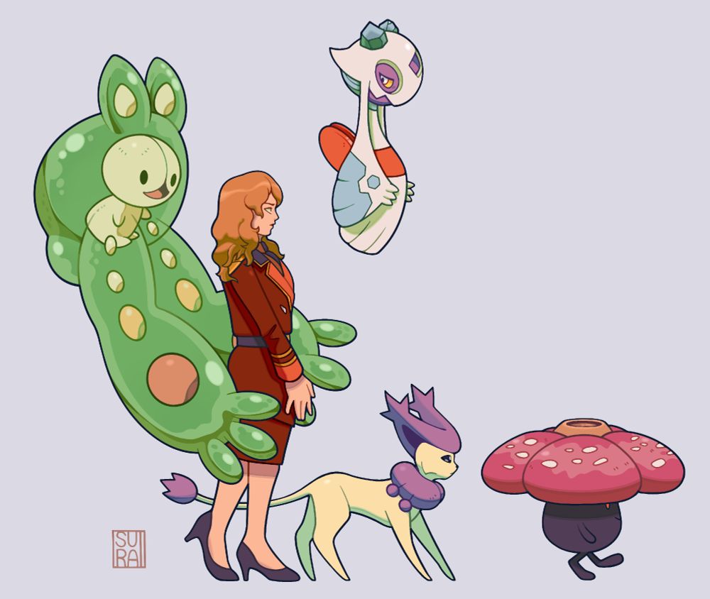Fanart of Nanai Miguel from Char's Counterattack, surrounded by a Pokemon team of Delcatty, Reuniclus, Froslass, and Vileplume