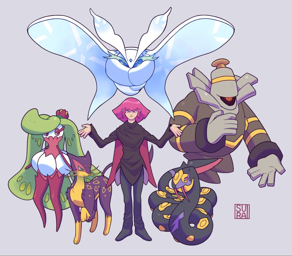 Fanart of Haman Karn from Mobile Suit Zeta Gundam, surrounded by a Pokemon team of Seviper, Tsareena, Frosmoth, Liepard, and Dusknoir