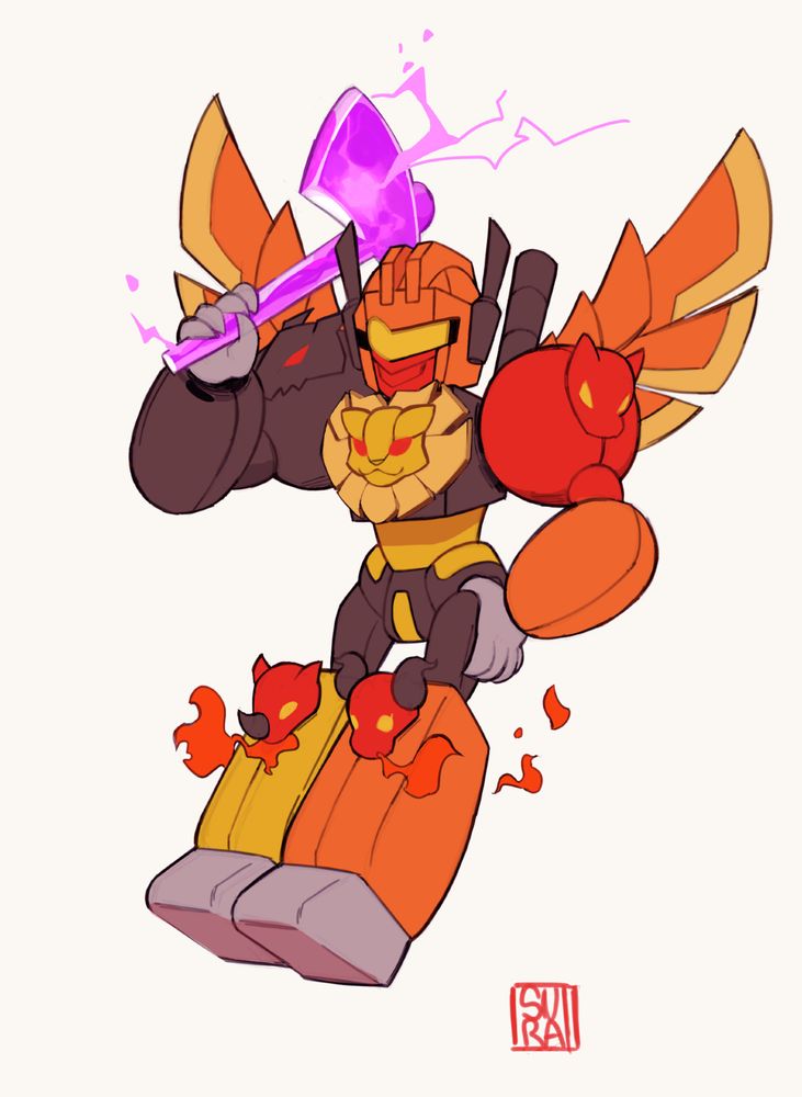 A chibi style fanart of Predaking from Transformers, holding a purple energon axe.