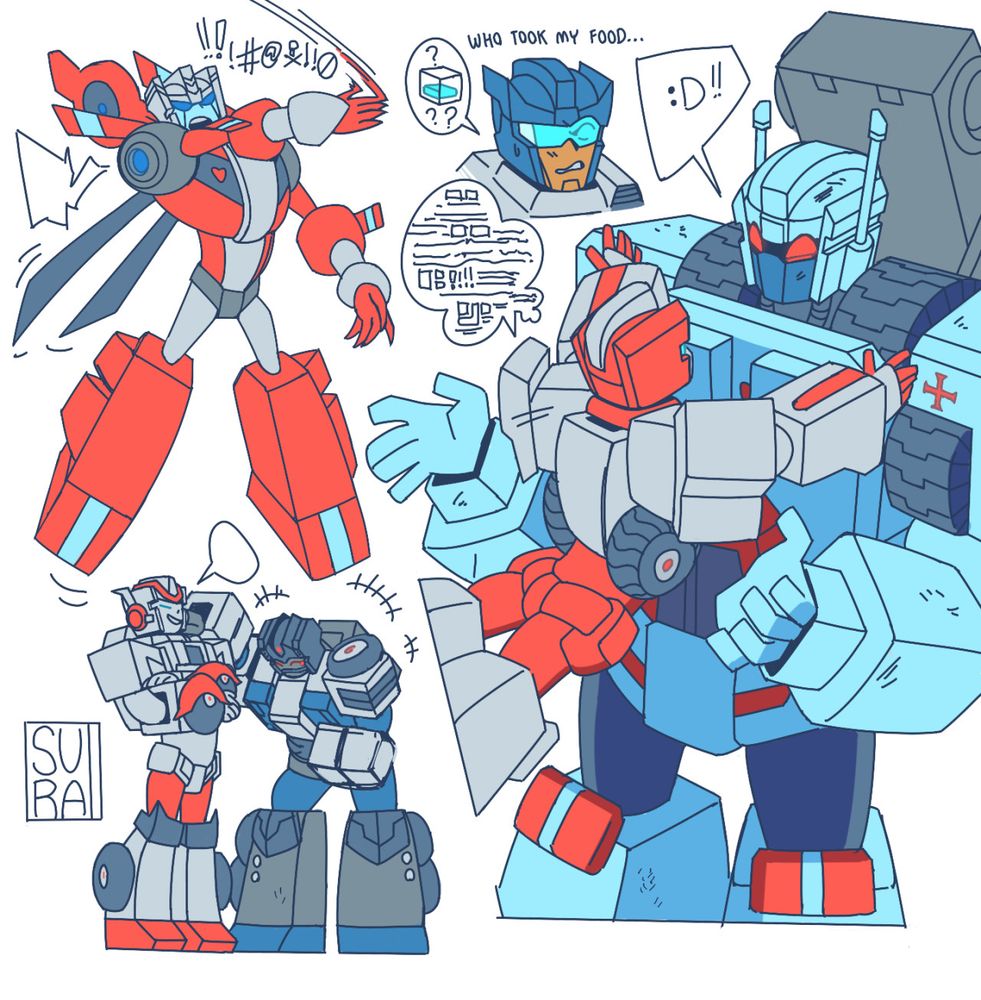 Fanart of the Protectobots from Transformers, Blades, Hot Spot, Groove, Rook, First Aid, Streetwise