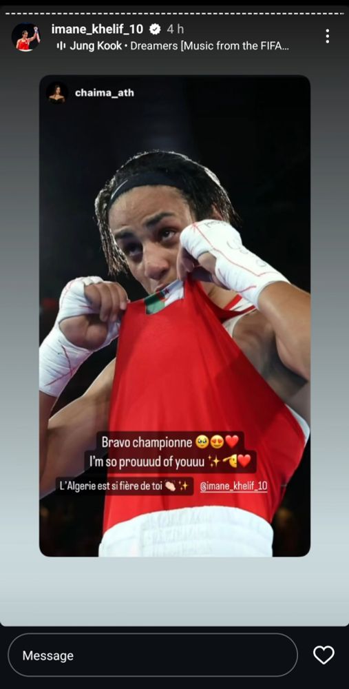 Screen of the story. Imane just after her victory, kissing the algerian flag on her red top