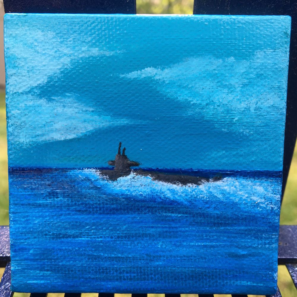 Another acrylic painting, same dimensions as before. Depicts a submarine cutting through the ocean.