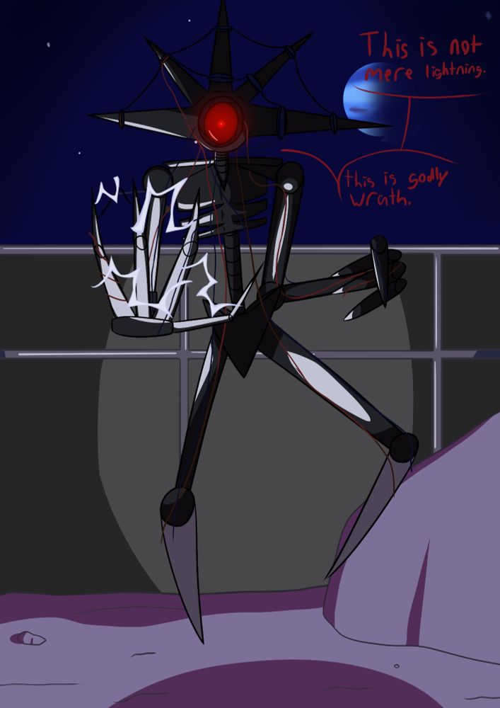 A floating robot with spikes on its head saying "This is not mere lightning. This is godly wrath."