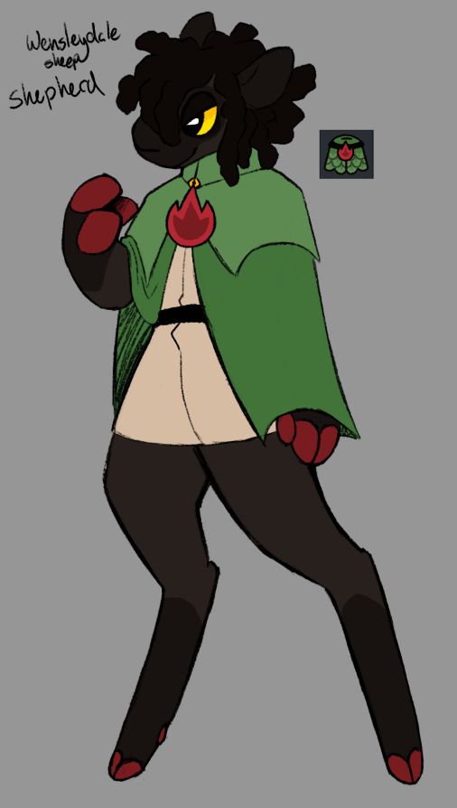 a drawing of Shepherd, a Wenslydale sheep, standing with one hand up towards their face. they are mostly a desaturated dark brown, their markings a darker brown. their wool is the darkest brown and looks more akin to dreads. their eyes are bright yellow. their hooves are red. They have sock and glove markings on their arms and legs. across their face and around their eyes they have a mask marking that ends on their top lip. 

Their cloak is green like the fleece of the glass cannon, but is shaped more like the standard fleece of the lamb may look, with the furvor charm on it instead of a bell. it has no detail, but the upper fabric is lighter green, while the lower fabric is a darker green. Beneath this, they wear off-white robes.