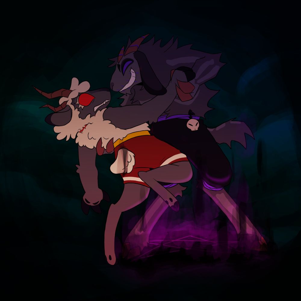 Solstice and Equinox (op's lamb and goat ocs) in a dancing pose, Equi's hand on the small of Tice's back, pulling them closer by the arm. Solstice looks taken off guard while Equinox has a large grin on their face, their noses just shy of touching. 

Solstice is wearing short red, white, and gold trousers that come to their lower thigh. They are based off the starter fleece. The rest of them is covered in their wool. their eye is pure red as well as the scar around their neck. They are actively leaning away from Equinox, one leg in the air as they're pulled.

Equinox is similar, his trousers slightly longer than Tice's coming to the bend in their leg before the longest part. his are black and bright purple with a skull charm hanging off the tied part around his waist. They are standing on a portal, the magic from it coming up around their hooves and illuminating both their and Solstice's legs. 