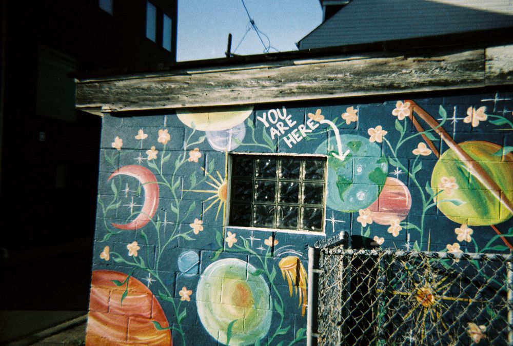 A 35mm photo of a mural in lower lawerencevile of plants and the solar system. It has earth and you are here are painted with an arrow to it 