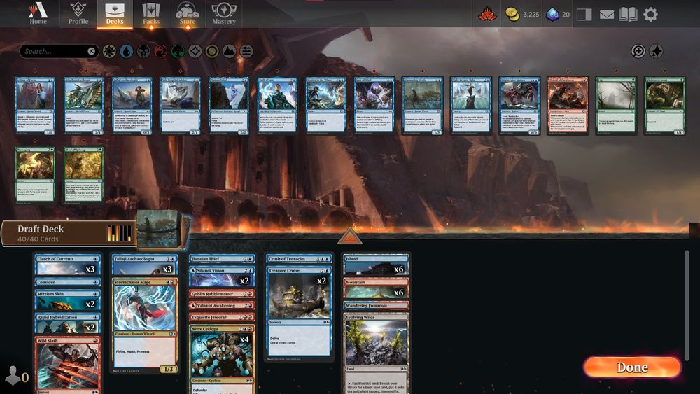 A magic the gathering draft deck, consisting of:
1 Wandering Fumarole
1 Consider
1 Stormchaser Mage
3 Fallaji Archaeologist
2 Treasure Cruise
3 Clutch of Currents
1 Goblin Rabblemaster
4 Nivix Cyclops
1 Exquisite Firecraft
1 Wild Slash
1 Evolving Wilds
2 Mizzium Skin
1 Crush of Tentacles
1 Valakut Awakening 
2 Silundi Vision
1 Jhessian Thief
2 Rapid Hybridization
6 Island
6 Mountain