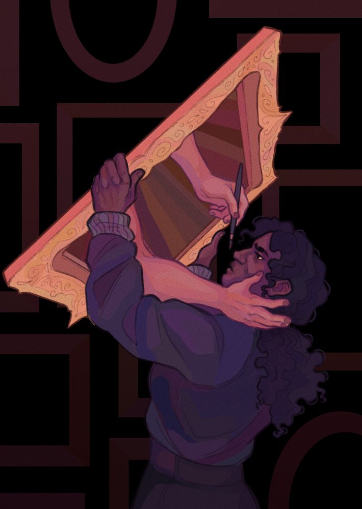 A woman in hues of purple holds up a golden painting frame, frowning at it. From the frame, a pair of hands reach out, one of them holding a brush, the other caressing the woman's cheek. The background is black, with faint outlines of other painting frames on the wall.