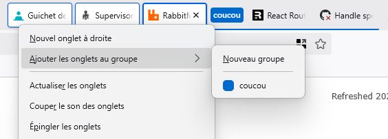 Focus on tabs of a browser. Two tabs are grouped under the name "coucou", three tabs have their menu opened on the "add tabs to group".