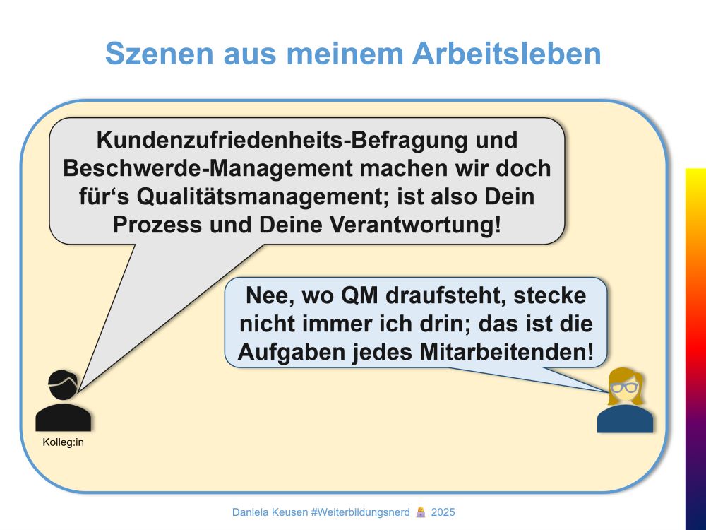 Kolleg:in sagt „Kundenzufriedenheits-Befragung und Beschwerde-Management machen wir doch für‘s Qualitätsmanagement; ist also Dein Prozess und Deine Verantwortung!“
Und ich entgegne „Nee, wo QM draufsteht, stecke nicht immer ich drin; das ist die Aufgaben jedes Mitarbeitenden!“