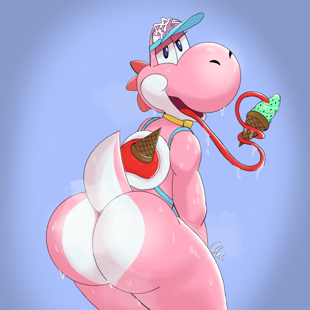 pink soft serve outfit yoshi from mario kart world sweaty and hot showing off his fat butt while holding a minty soft serve cone in his tongue and looking back at viewer 