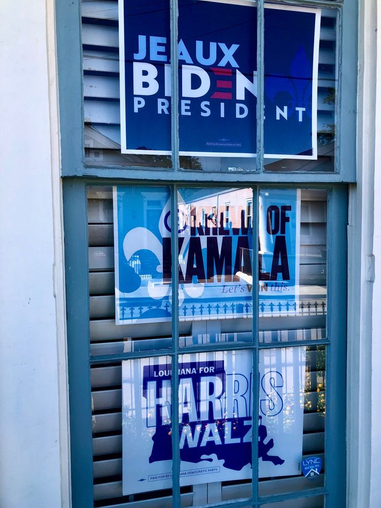 The image depicts a light blue framed front porch window with multiple panes, each displaying vibrant political campaign posters.

1. Top Poster: Features the text "JEAUX BIDEN PRESIDENT," with creative graphic elements replacing letters, in a bold red, white, and blue color scheme.
2. Middle Poster: Political sign reads: KREWE OF KAMALA” with the slogan "Let's WIN this," enhanced by dynamic graphics. 
3. Bottom Poster: Sign reads: “Louisiana for HARRIS WALTZ” 

The overall layout is organized vertically, conveying strong Democratic support with eye-catching bright, contrasting colors in shades of red, white, and blue. 
