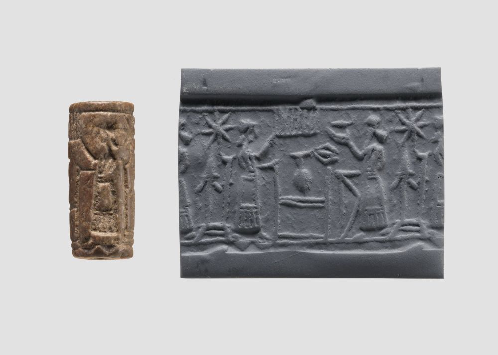 Impression from a cylinder seal portraying a ritual banquet scene. A royal or divine figure is seated at a table and various others are presenting food offerings. The seal comes from the 9th or 8th century BCE and is held at the Metropolitan Museum of Art in NYC.