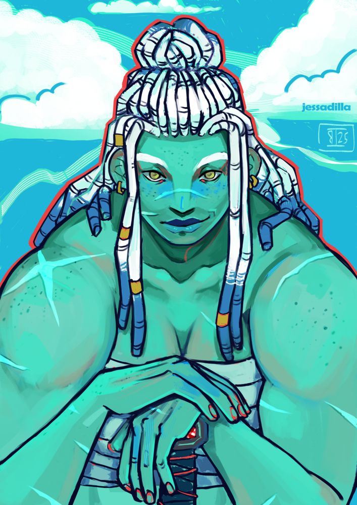 Sea Wolf Fem Roe looking at the screen while leaning forward on her axe. 