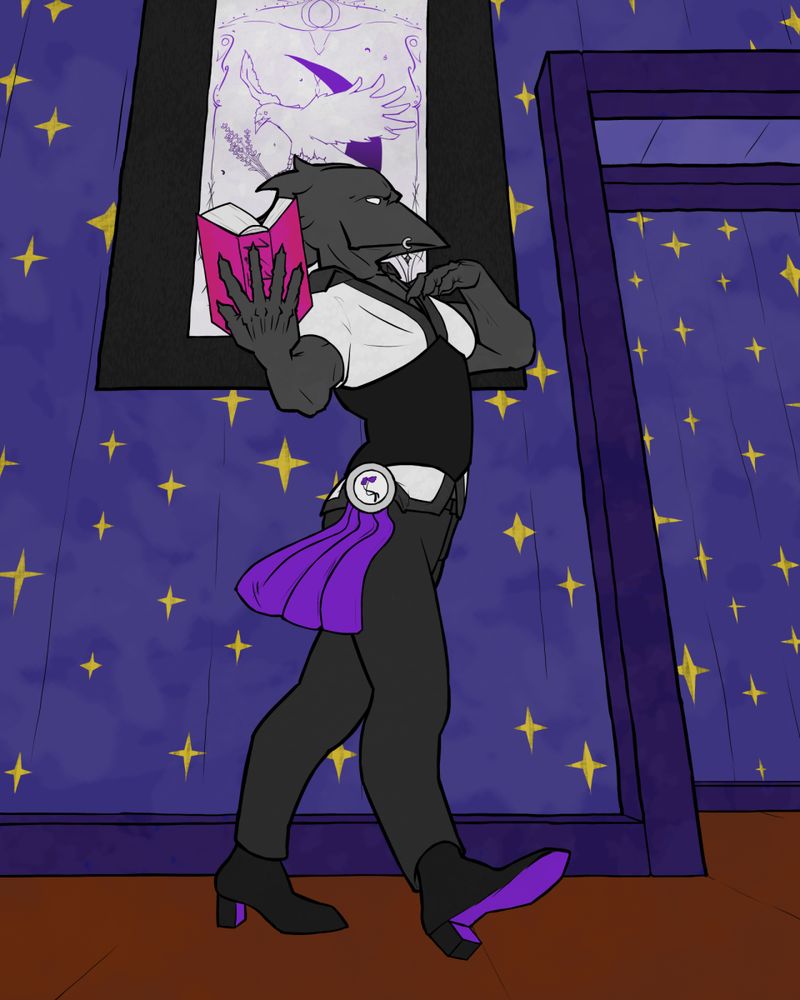 an upright crow man walking down the hall