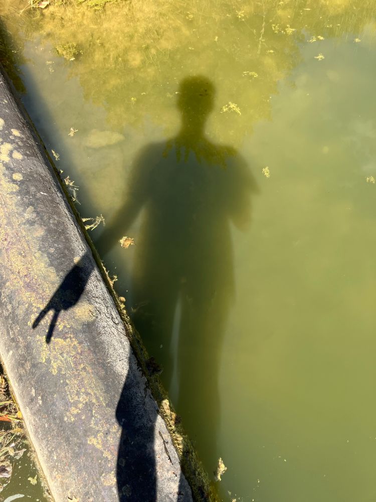 a man taking a photo looking down at his shadow. the man is standing on a slightly grimy metal pipe that runs between two pools of stagnant-looking green water. the pipe runs diagonally from the top left to the bottom center of the frame. it has yellowish splotches on it. the man's shadow stretches up from the bottom of the feet, into the green grimy water above the pipe. he is holding his hand down and making a peace sign so that the shadow of his hand is over the pipe, not the water. you can vaguely see the reflection of the clouds in the sky above, and a tree on the opposite shore of water