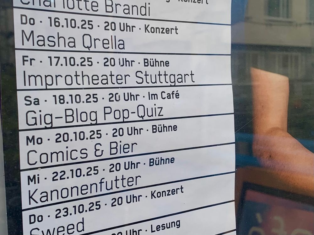 Ein Programmplakat vom Kulturcafé Merlin: 18.10.2025 Gig-Blog Pop-Quiz