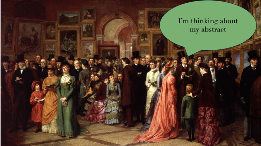 An image of the painting A Private View at the Royal Academy, 1881 (1883, oil on canvas) by William Powell Frith. The painting depicts a crowd of people viewing paintings at the Royal Academy. VSAWC has overlaid it with a green text bubble that makes a man on the right hand side say "I'm thinking about my abstract"