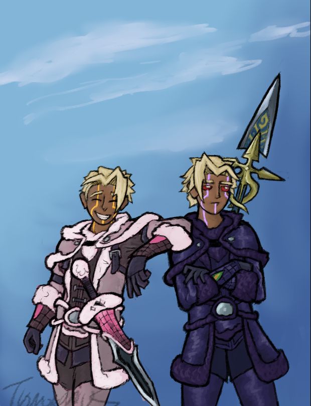 Android twins taking a selfie after a hunting monsters. One is very enthusiastic and the other is seemingly indifferent.