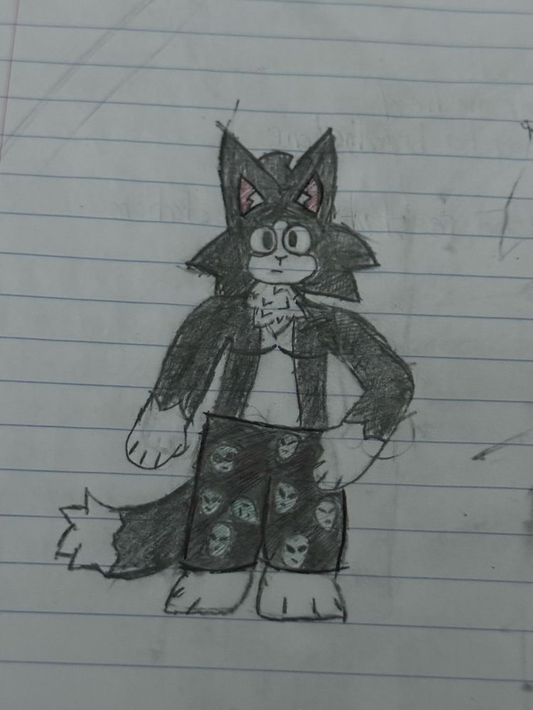 A sketch of my fursona. A black tuxedo cat drawn with very limited colors kind of just standing there. They have pajamas that have an alien pattern on them, however she’s missing the shirt that goes with it.