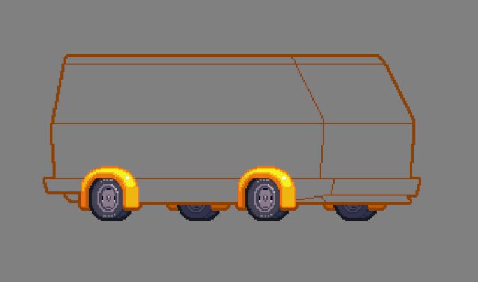 The outlines and wheels of a pixelart van.