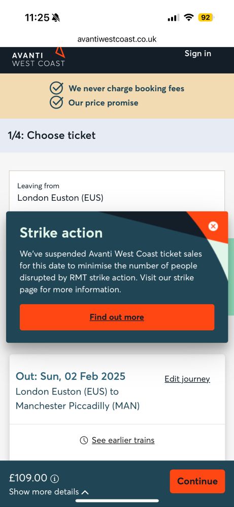 Notice stating that Avanti West Coast have suspended all ticket sales on trains for Sunday 2 February