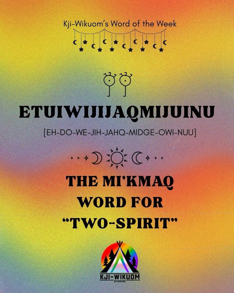 Etuiwijijaqmijuinu
(Eh-do-we-jih-jahq-mdge-owi-nuu)
The Mi’kmaq word for “two-spirit”